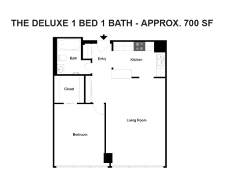 A floor plan of a one bedroom apartment with a bathroom and a living room.